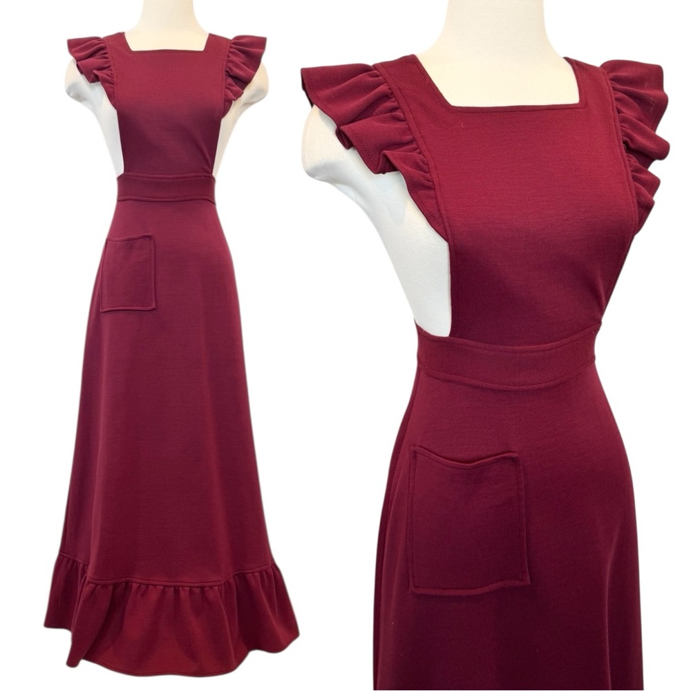 Vintage 70s Corky Craig Stretch Knit Milkmaid Prairie Pinafore Apron Maxi Dress - Picture 8 of 9